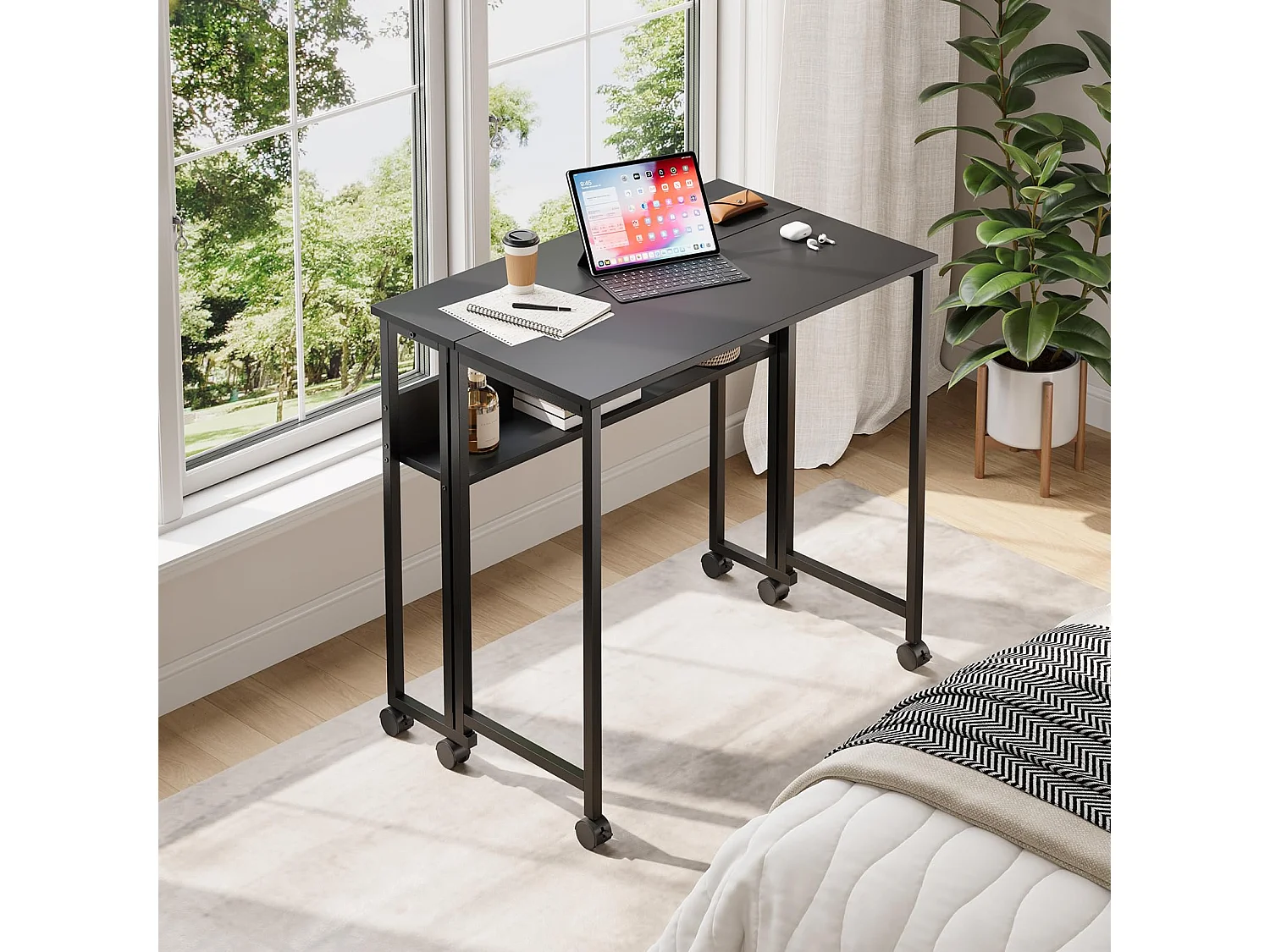 Bureau pliant noir 80x50x75 cm avec étagère et roulettes, bureau informatique compact et mobile, idéal pour la maison ou le travail