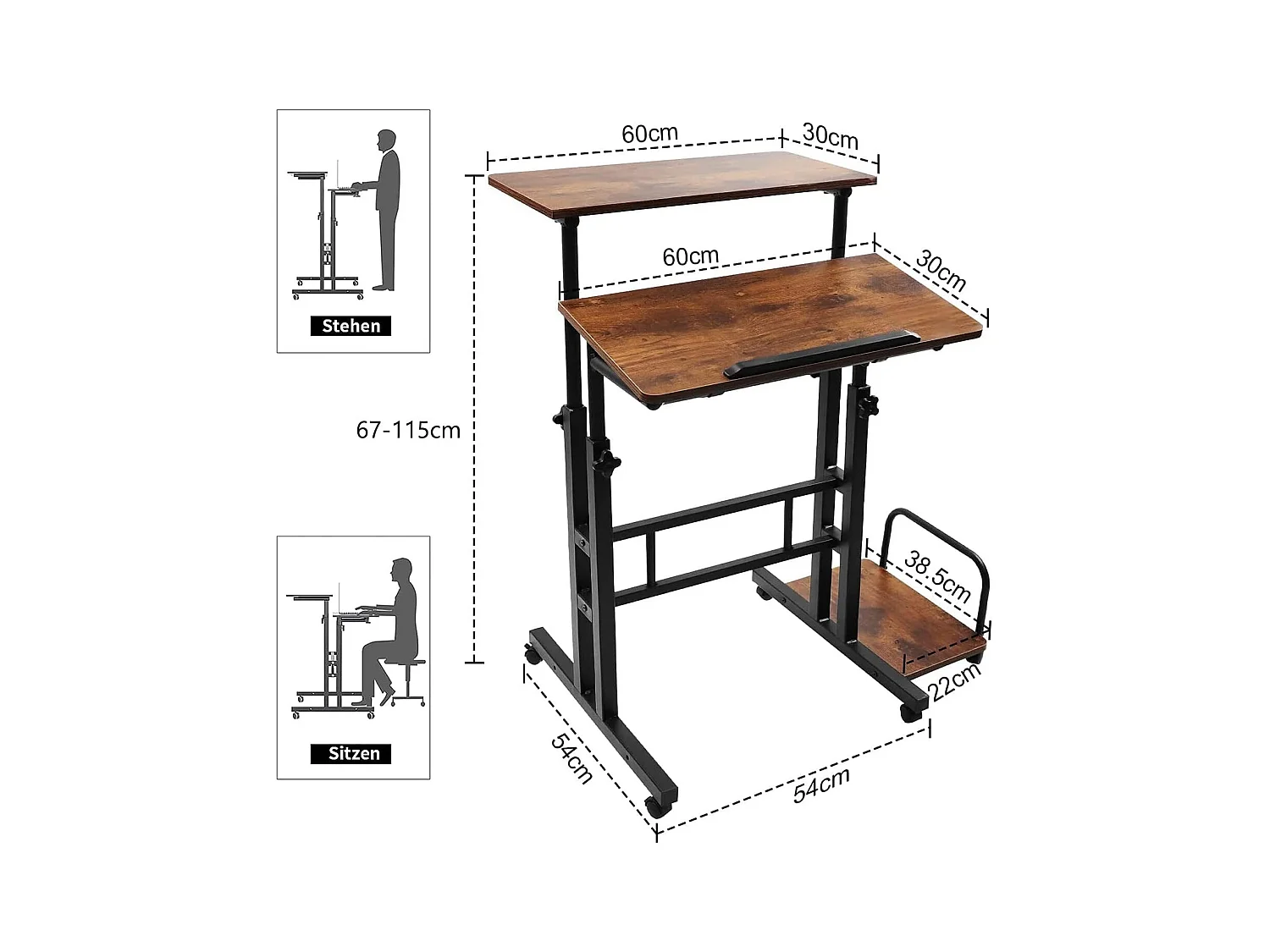 Bureau Debout réglable en Hauteur 60 x 60 cm avec 4 roulettes - Table pour Ordinateur Portable - Inclinable - pour la Maison, Le Bureau - Marron Vintage Noir