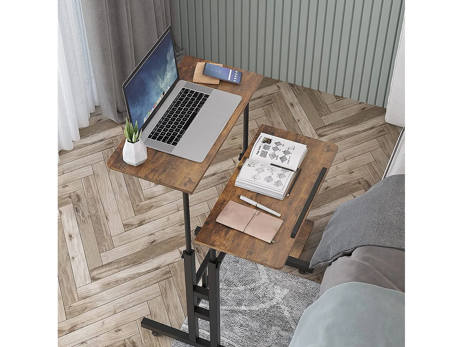 Bureau Debout réglable en Hauteur 60 x 60 cm avec 4 roulettes - Table pour Ordinateur Portable - Inclinable - pour la Maison, Le Bureau - Marron Vintage Noir