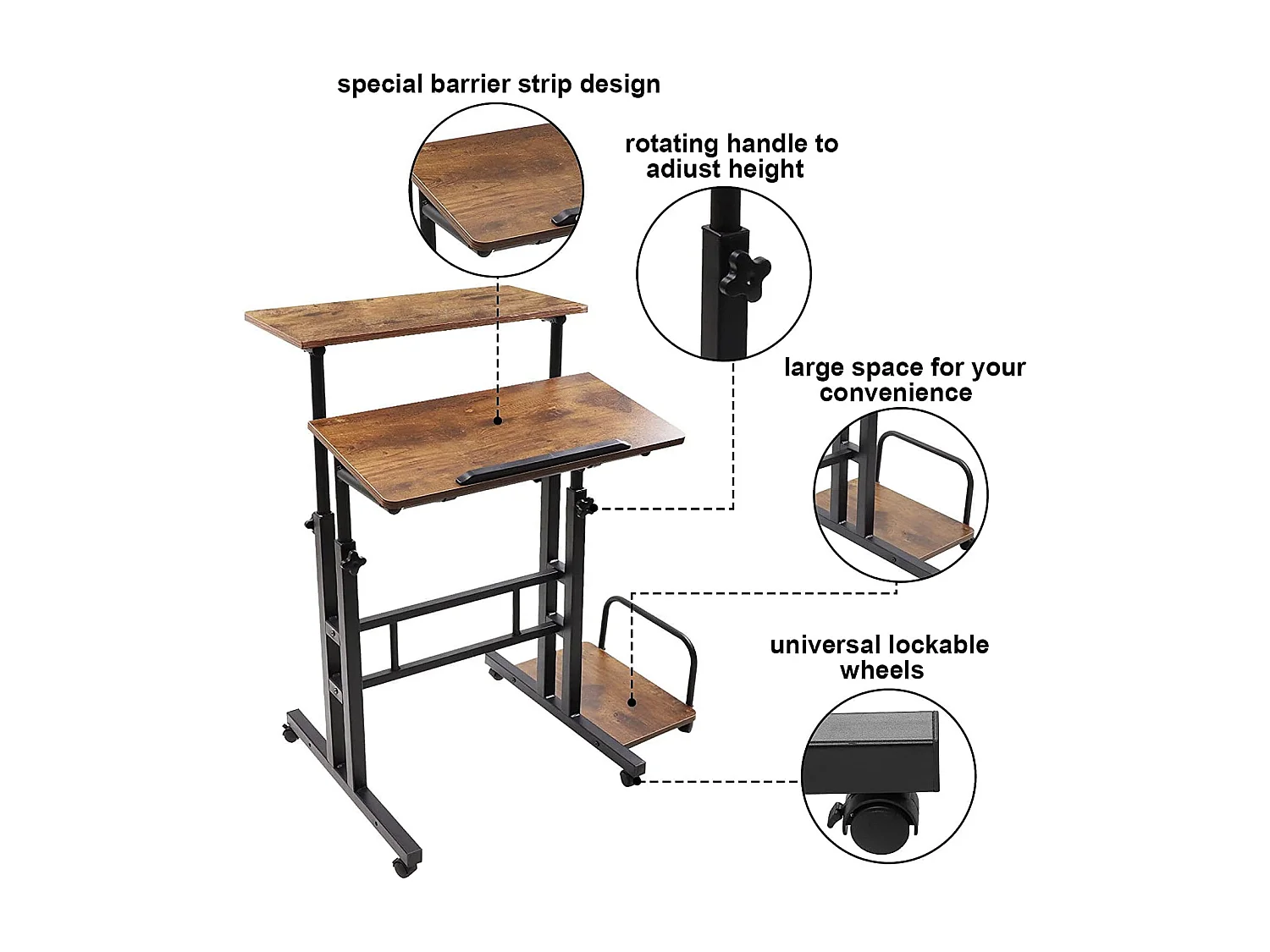 Bureau Debout réglable en Hauteur 60 x 60 cm avec 4 roulettes - Table pour Ordinateur Portable - Inclinable - pour la Maison, Le Bureau - Marron Vintage Noir