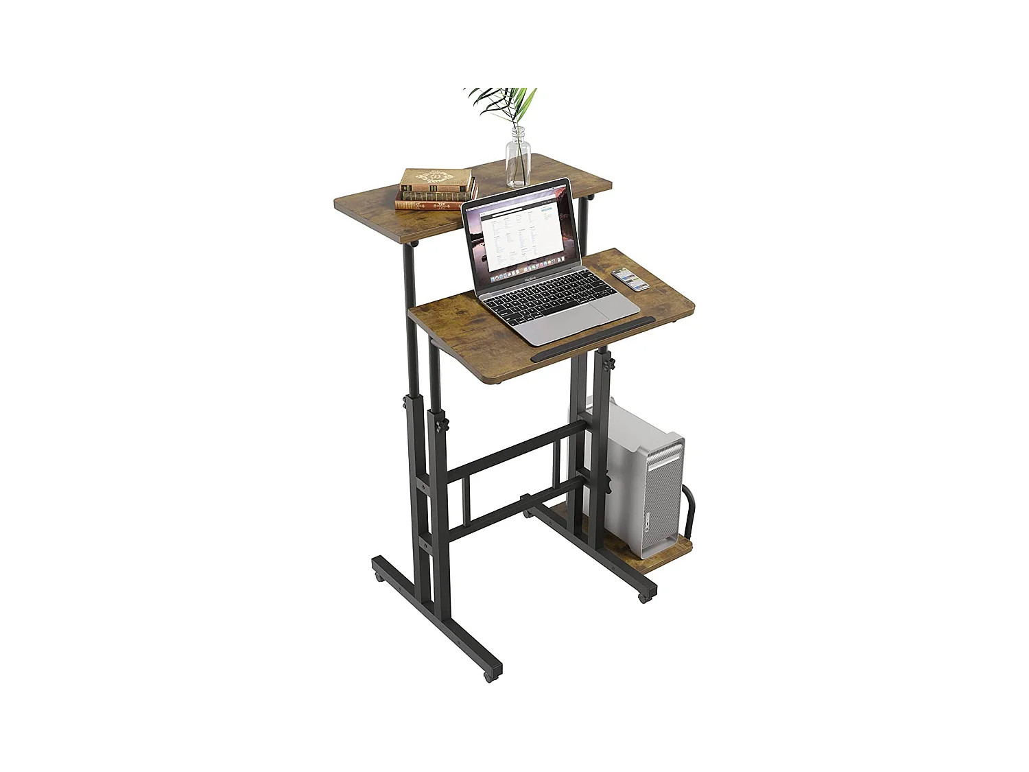 Bureau Debout réglable en Hauteur 60 x 60 cm avec 4 roulettes - Table pour Ordinateur Portable - Inclinable - pour la Maison, Le Bureau - Marron Vintage Noir