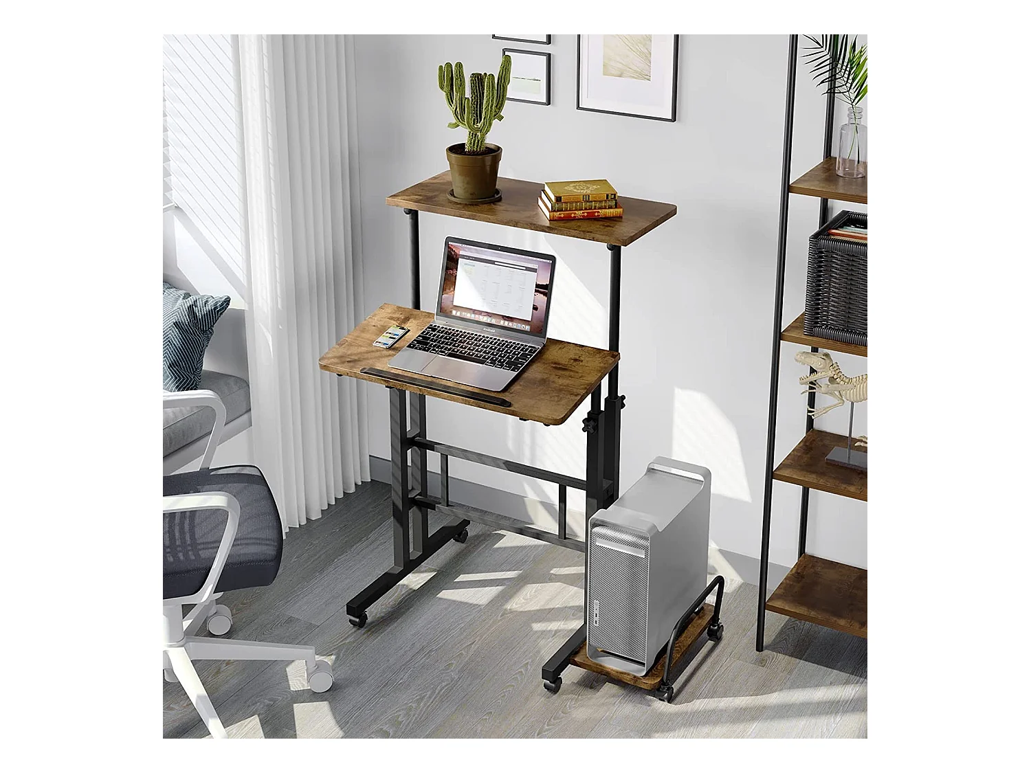 Bureau Debout réglable en Hauteur 60 x 60 cm avec 4 roulettes - Table pour Ordinateur Portable - Inclinable - pour la Maison, Le Bureau - Marron Vintage Noir