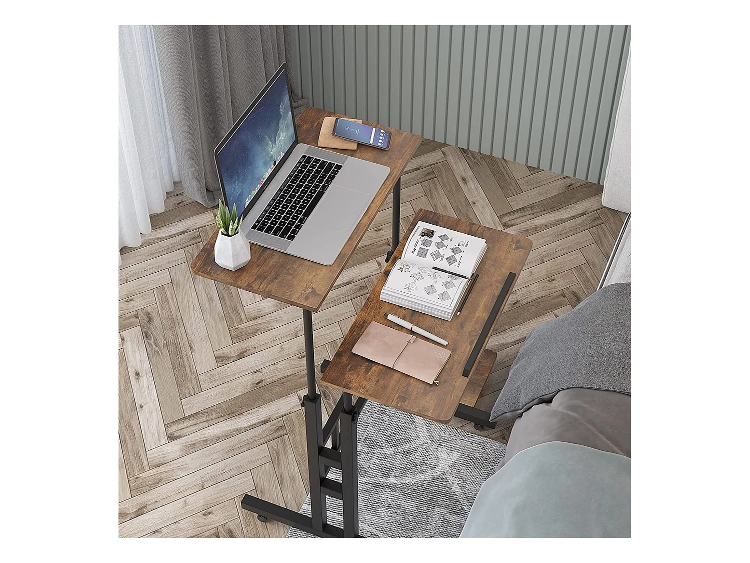 Bureau Debout réglable en Hauteur 60 x 60 cm avec 4 roulettes - Table pour Ordinateur Portable - Inclinable - pour la Maison, Le Bureau - Marron Vintage Noir