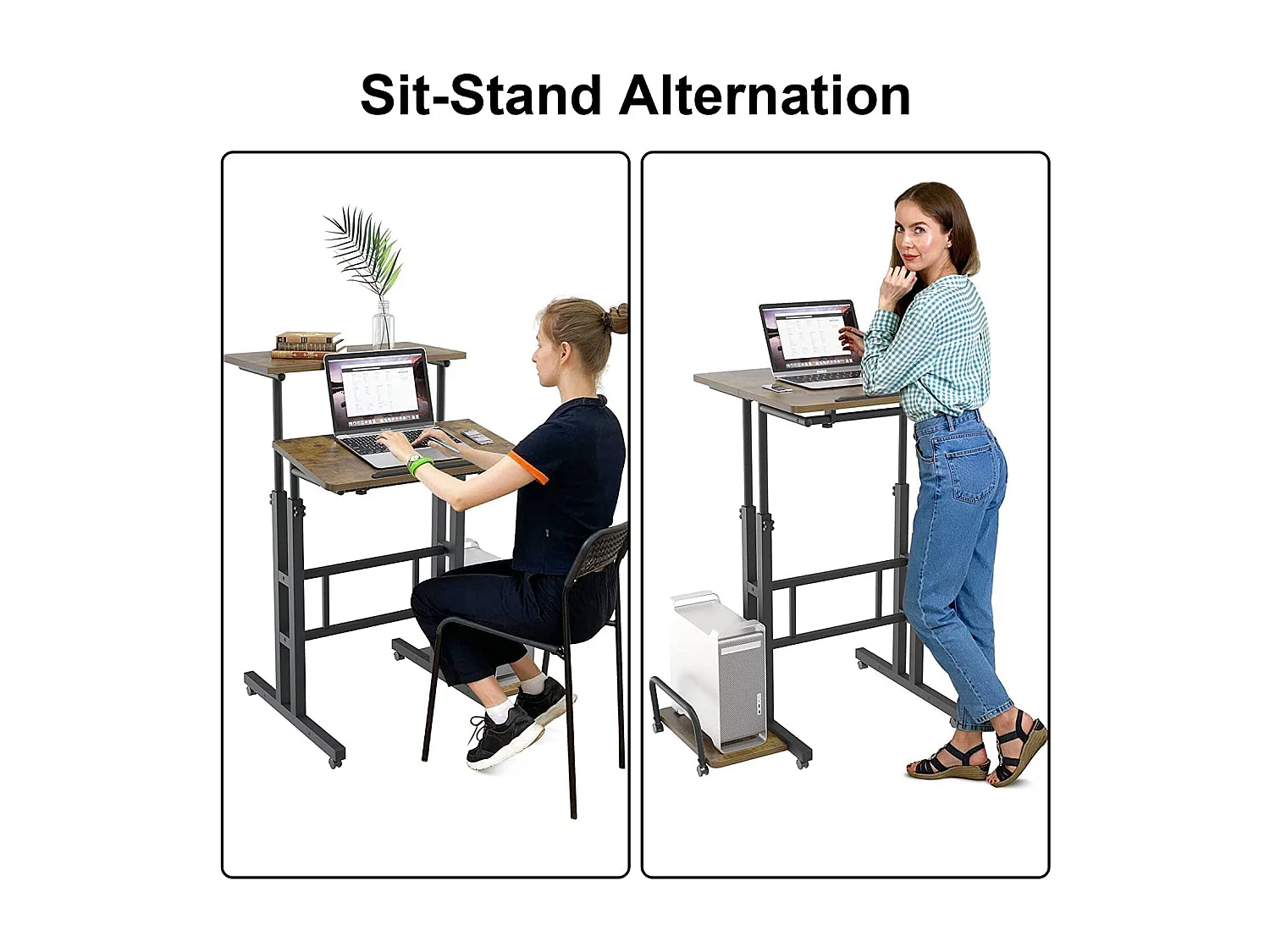 Bureau Debout réglable en Hauteur 60 x 60 cm avec 4 roulettes - Table pour Ordinateur Portable - Inclinable - pour la Maison, Le Bureau - Marron Vintage Noir