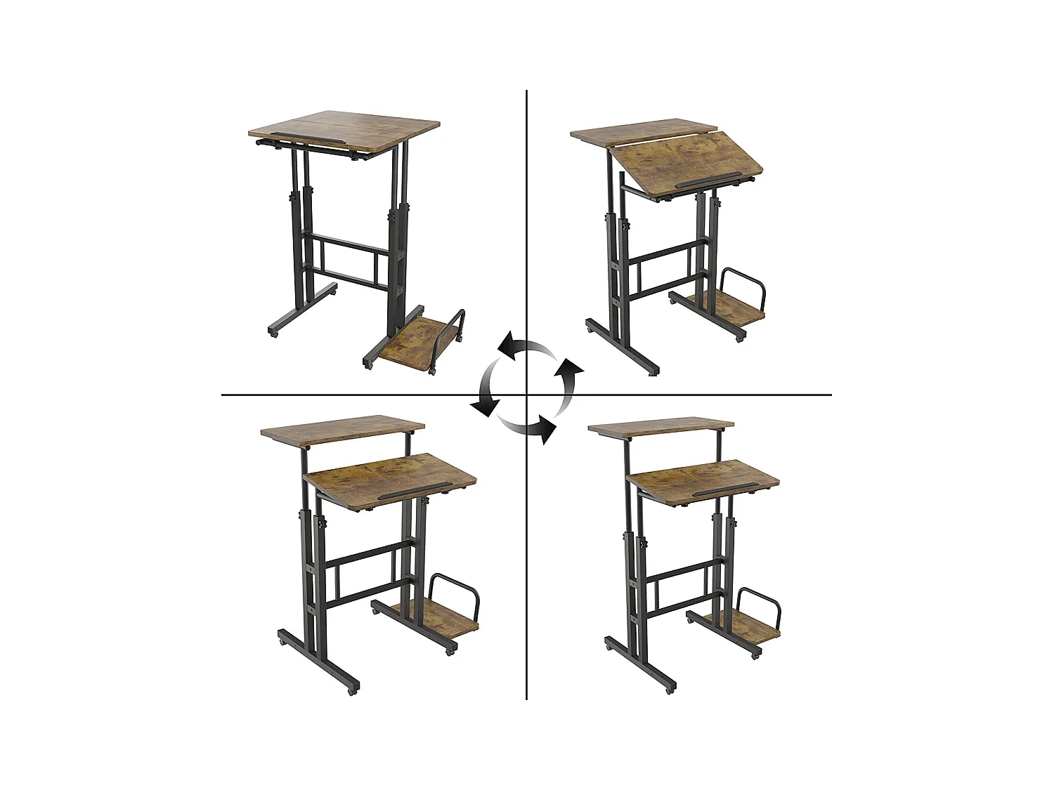 Bureau Debout réglable en Hauteur 60 x 60 cm avec 4 roulettes - Table pour Ordinateur Portable - Inclinable - pour la Maison, Le Bureau - Marron Vintage Noir