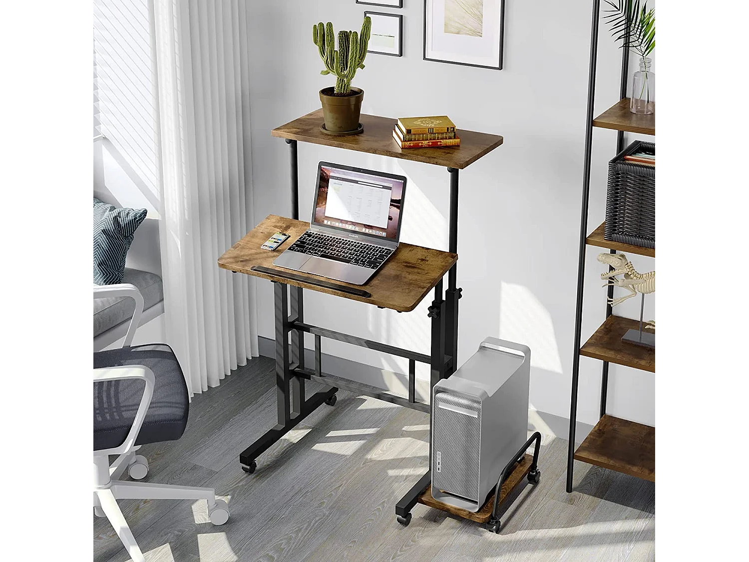Bureau Debout réglable en Hauteur 60 x 60 cm avec 4 roulettes - Table pour Ordinateur Portable - Inclinable - pour la Maison, Le Bureau - Marron Vintage Noir