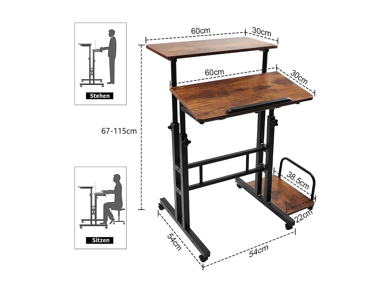 Bureau Debout réglable en Hauteur 60 x 60 cm avec 4 roulettes - Table pour Ordinateur Portable - Inclinable - pour la Maison, Le Bureau - Marron Vintage Noir