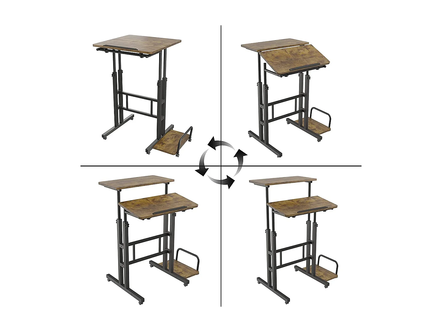 Bureau Debout réglable en Hauteur 60 x 60 cm avec 4 roulettes - Table pour Ordinateur Portable - Inclinable - pour la Maison, Le Bureau - Marron Vintage Noir