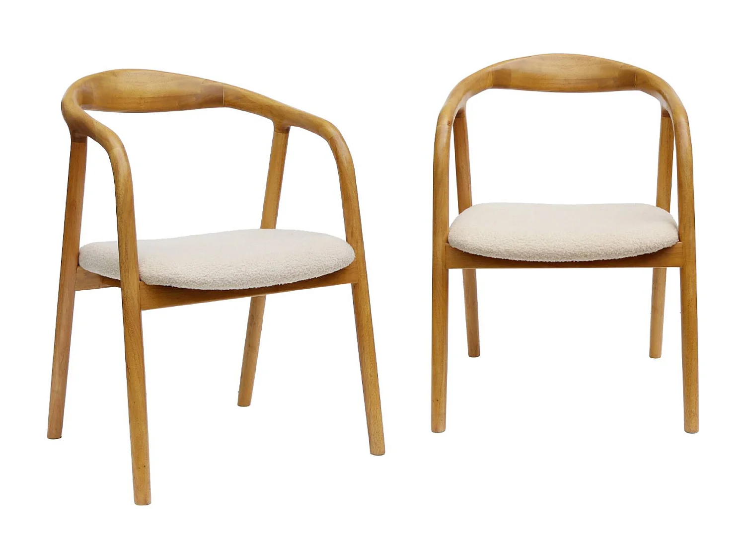 Set di 2 sedie in legno di hevea e bouclé, marrone naturale