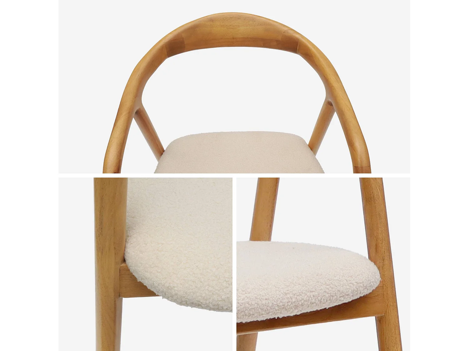 Set di 2 sedie in legno di hevea e bouclé, marrone naturale