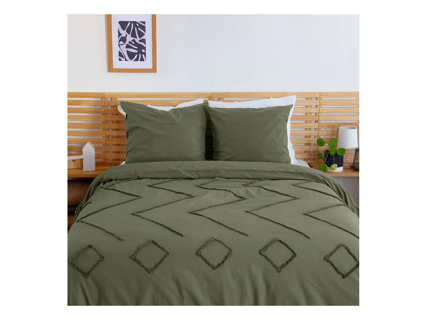 Parure de lit coton lavé tufté motifs ethniques 2 places vert. 1 housse 240x220cm + 2 taies 63x63cm