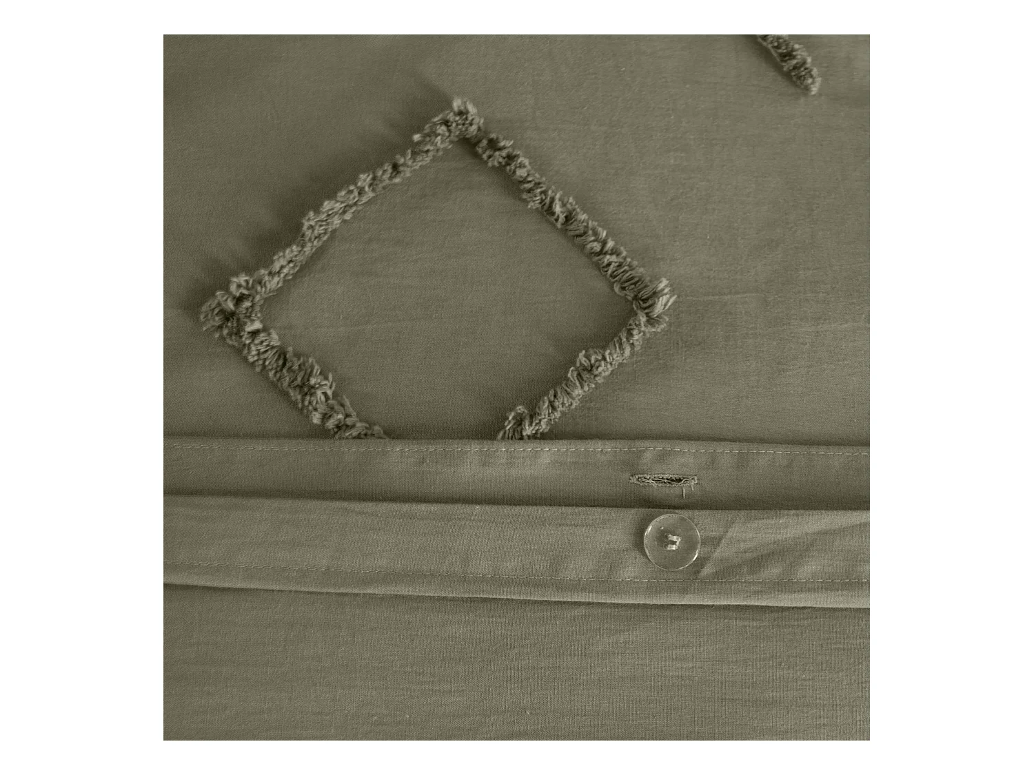 Parure de lit coton lavé tufté motifs ethniques 2 places vert. 1 housse 240x220cm + 2 taies 63x63cm