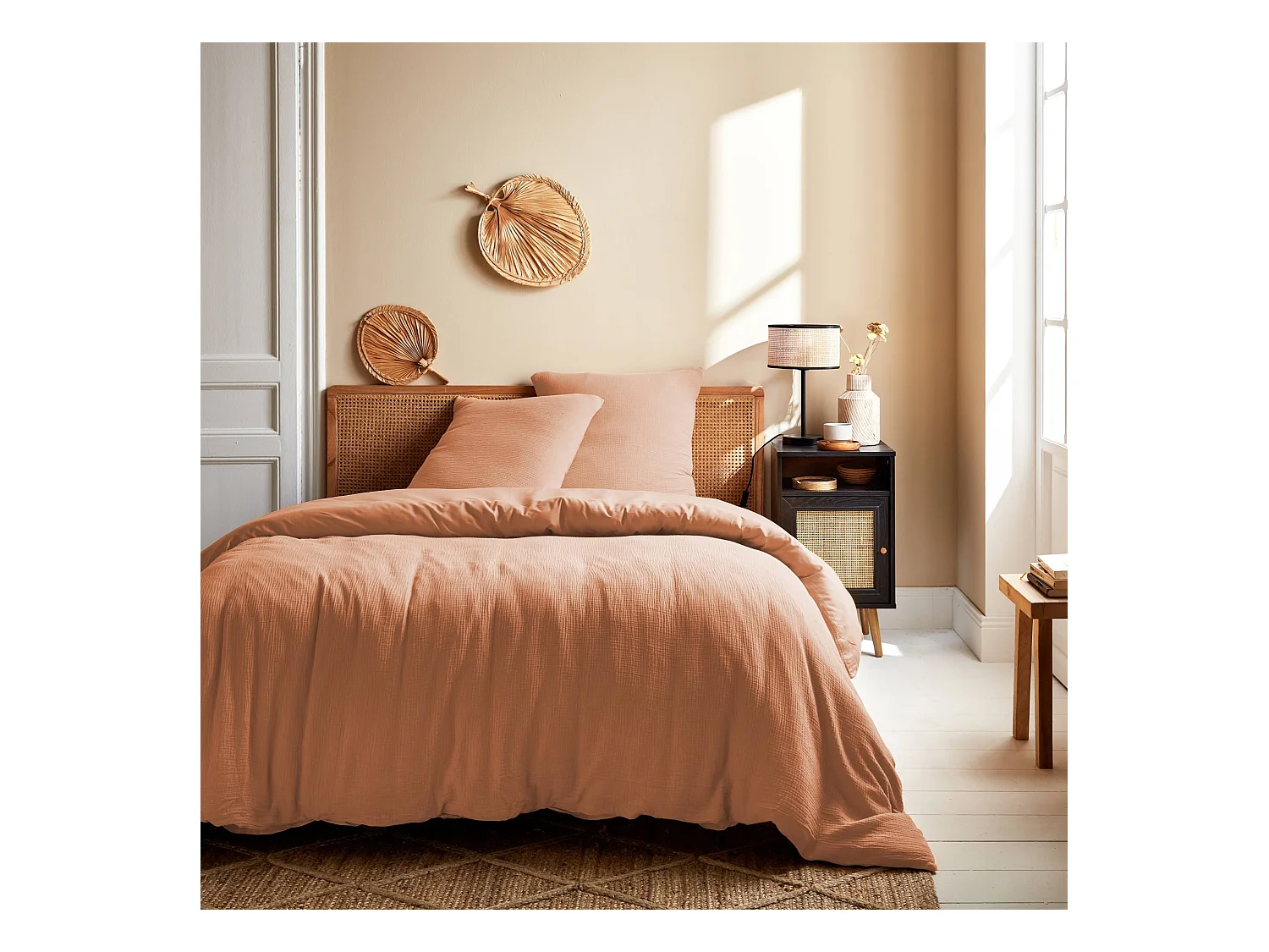 Parure de lit gaze de coton 2 places pêche Alix 260x240cm