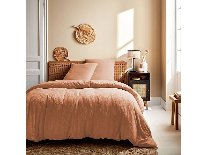 Parure de lit gaze de coton 2 places pêche Alix 260x240cm