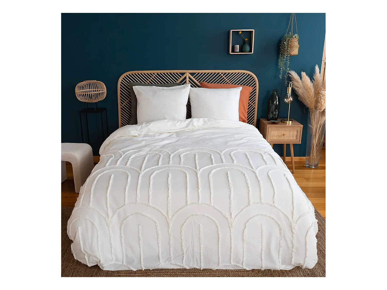 Parure de lit motif arches rétro tufté crème 240 x 220cm en coton lavé