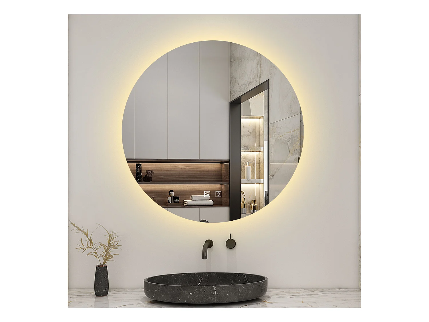 Miroir LED Rond 90cm avec Anti-buée + 3 Couleurs + Dimmable, Mural Miroir salle de bain