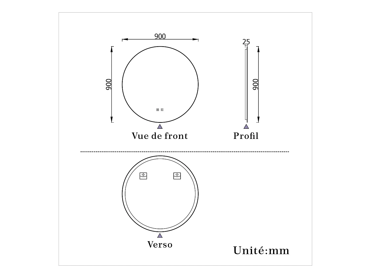 Miroir LED Rond 90cm avec Anti-buée + 3 Couleurs + Dimmable, Mural Miroir salle de bain