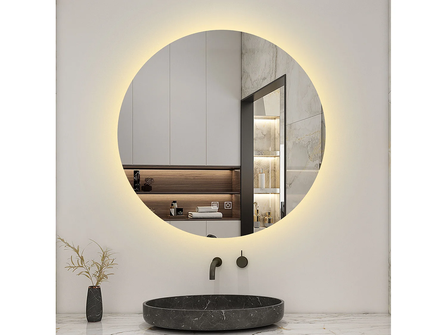 Miroir LED Rond 90cm avec Anti-buée + 3 Couleurs + Dimmable, Mural Miroir salle de bain