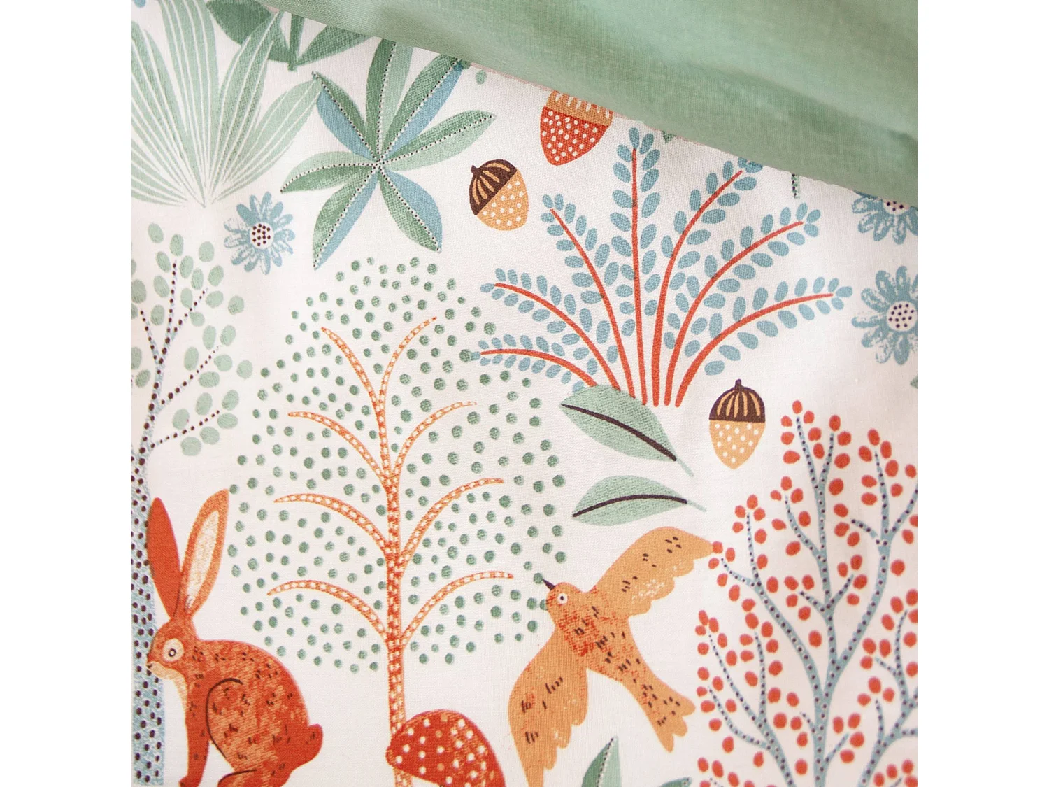 Parure de lit MAXENCE réversible 1 place imprimé thème automne. vert. 140 x 200cm