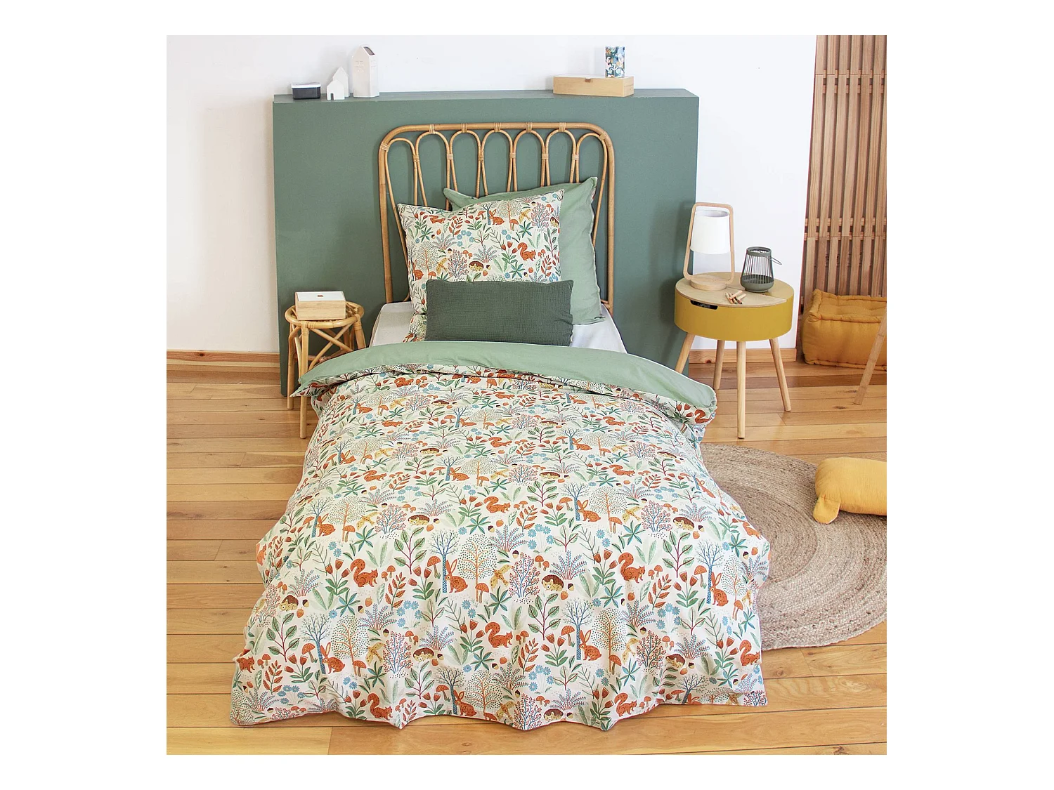 Juego de cama de algodón reversible impreso otoño, 1 plaza  verde