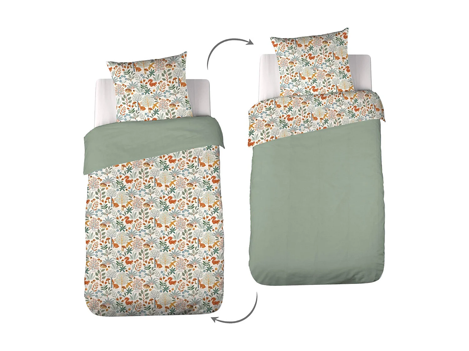 Parure de lit MAXENCE réversible 1 place imprimé thème automne. vert. 140 x 200cm