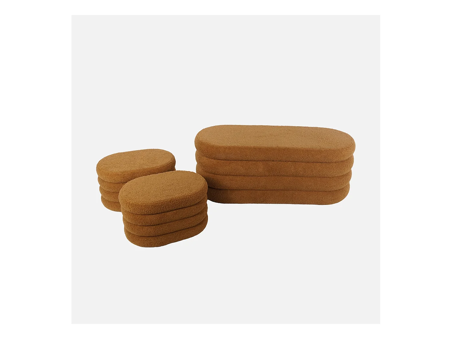 Banc coffre en bouclettes rouille avec 2 poufs ovales de rangement intégrés - L111cm