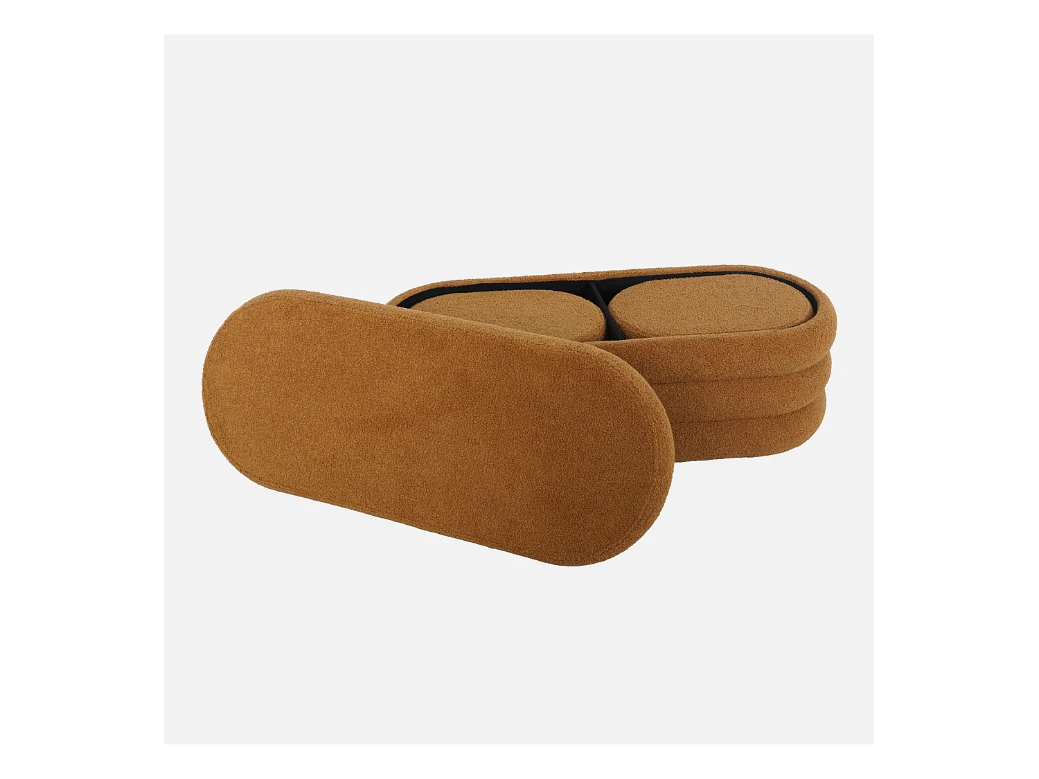 Banc coffre en bouclettes rouille avec 2 poufs ovales de rangement intégrés - L111cm