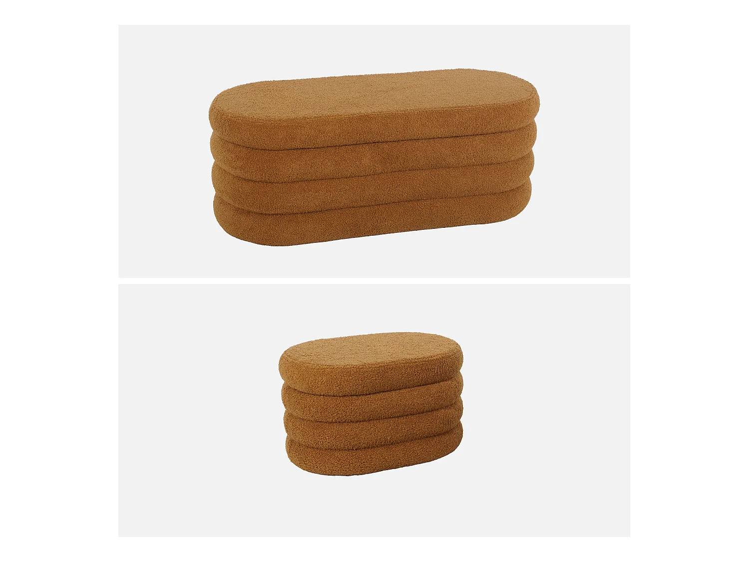 Banc coffre en bouclettes rouille avec 2 poufs ovales de rangement intégrés - L111cm