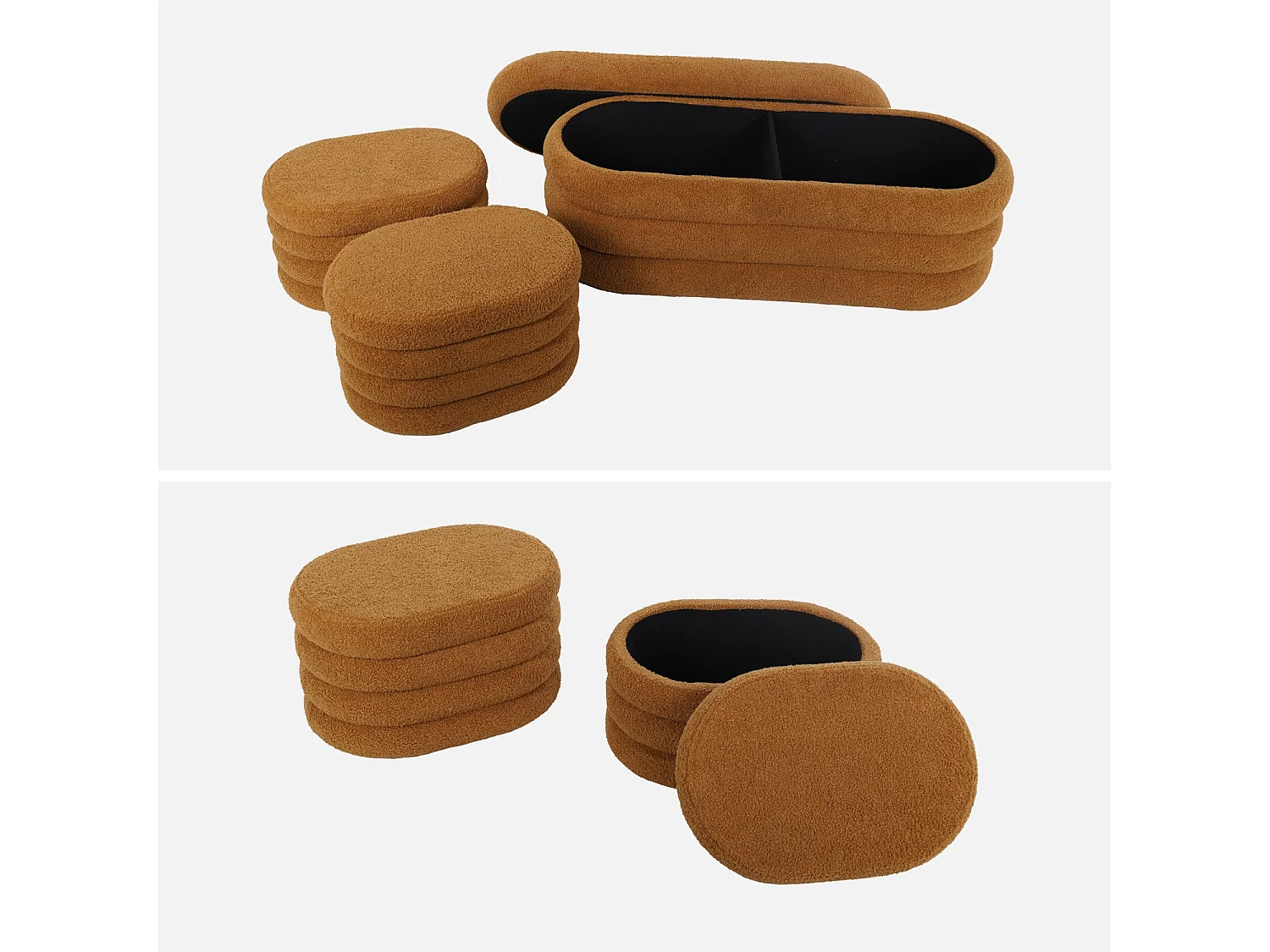 Banco cofre de almacenamiento borreguito con 2 puffs óxido