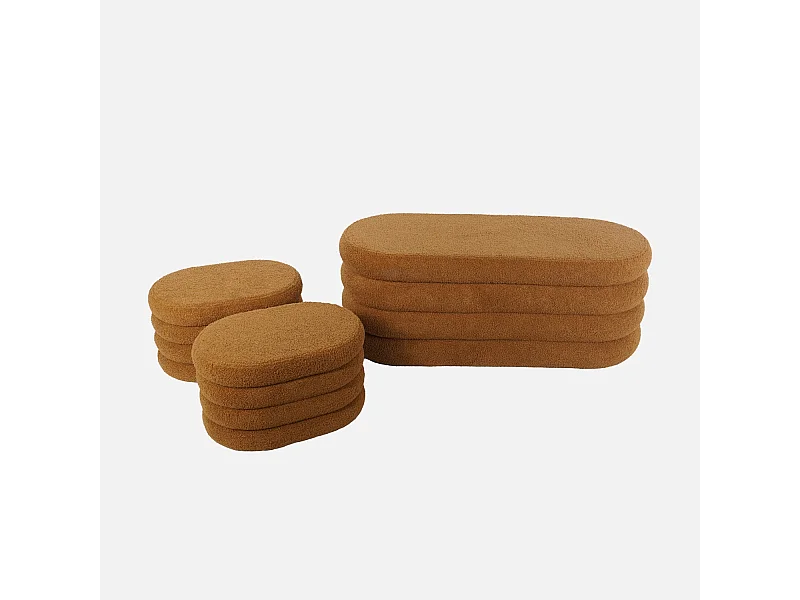 Banc coffre en bouclettes rouille avec 2 poufs ovales de rangement intégrés - L111cm