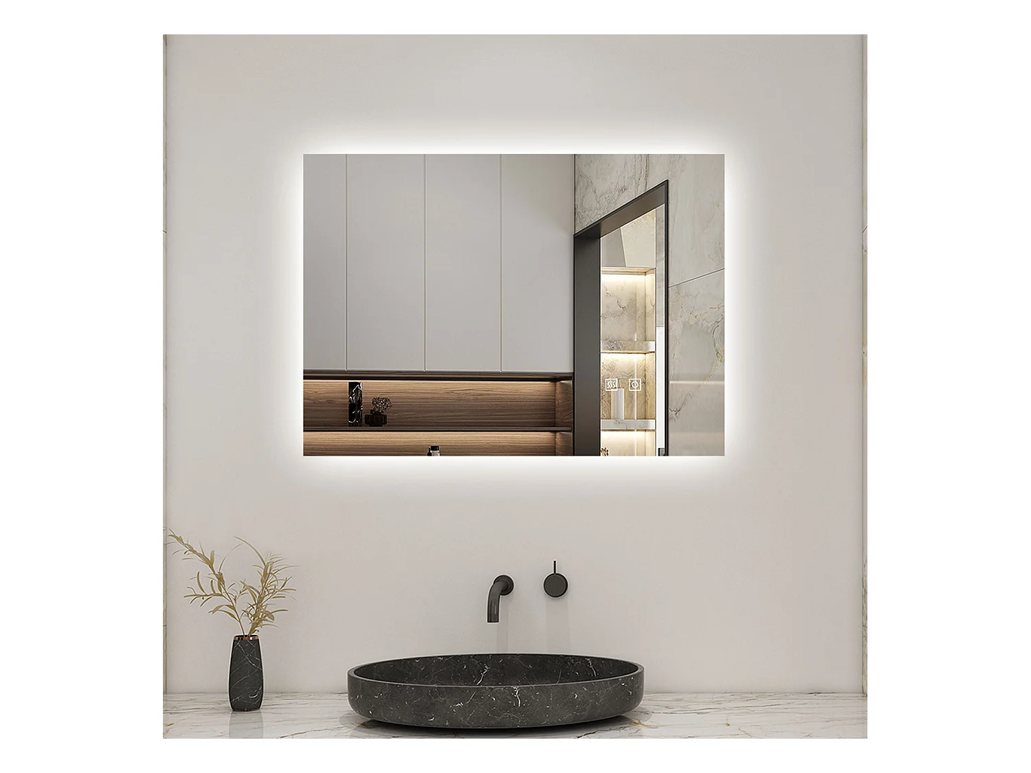 Miroir LED 70x50cm avec Anti-buée + 3 Couleurs + Dimmable, Mural Miroir salle de bain
