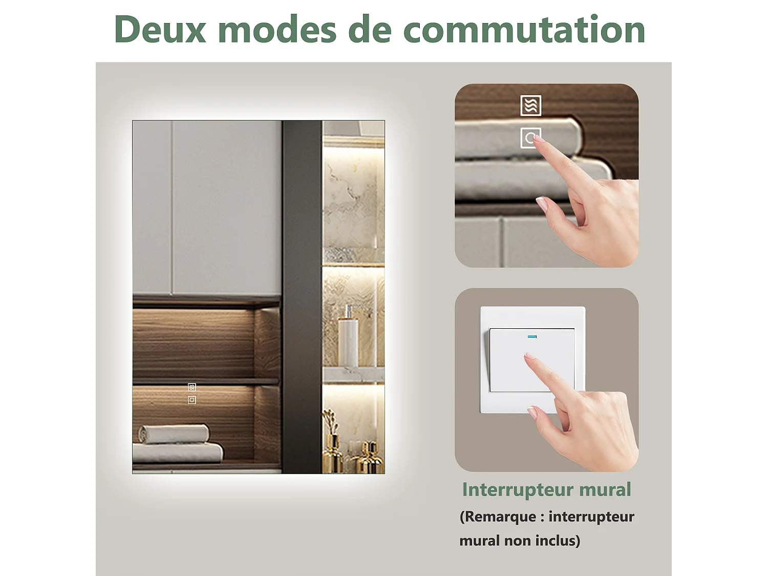 Miroir LED 70x50cm avec Anti-buée + 3 Couleurs + Dimmable, Mural Miroir salle de bain