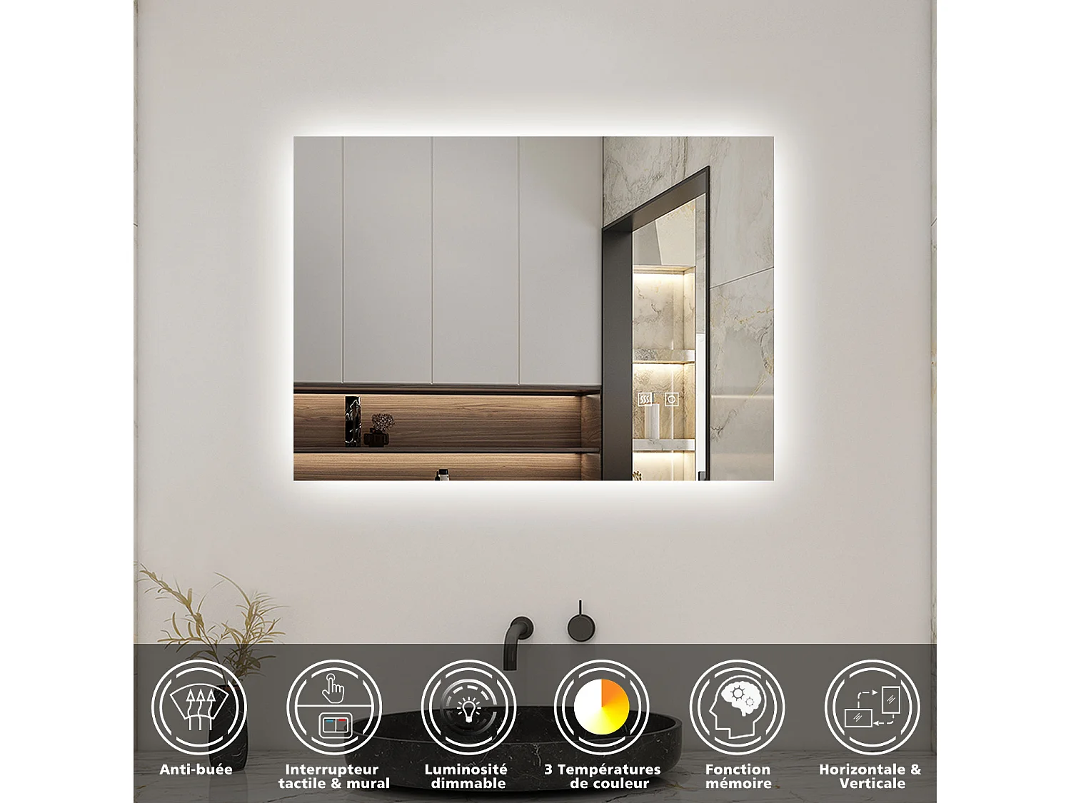 Miroir LED 70x50cm avec Anti-buée + 3 Couleurs + Dimmable, Mural Miroir salle de bain
