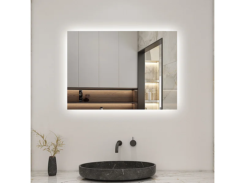 Miroir LED 70x50cm avec Anti-buée + 3 Couleurs + Dimmable, Mural Miroir salle de bain