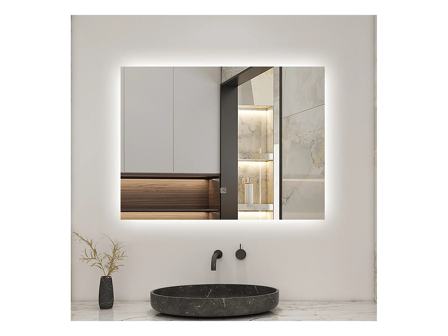 Miroir LED 90x70cm avec Anti-buée + Dimmable, Mural Miroir salle de bain