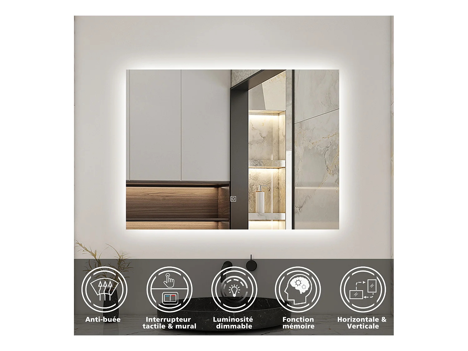 Miroir LED 90x70cm avec Anti-buée + Dimmable, Mural Miroir salle de bain