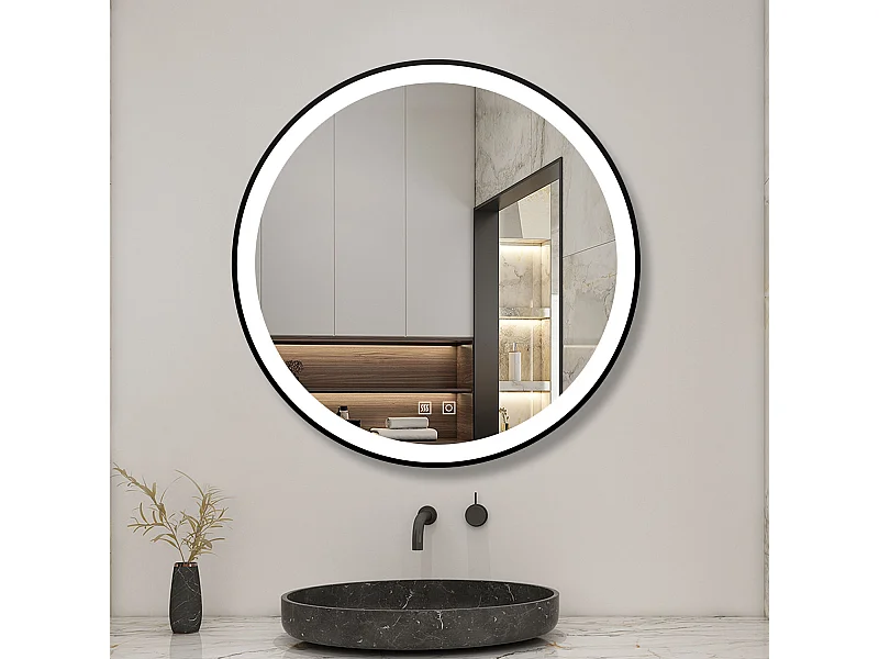 Miroir LED Rond 80cm avec Anti-buée + 3 Couleurs + Dimmable, Mural Miroir salle de bain Rond