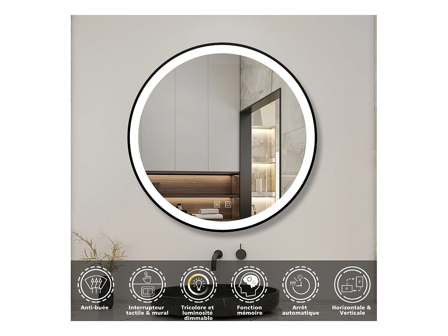 Miroir LED Rond 80cm avec Anti-buée + 3 Couleurs + Dimmable, Mural Miroir salle de bain Rond