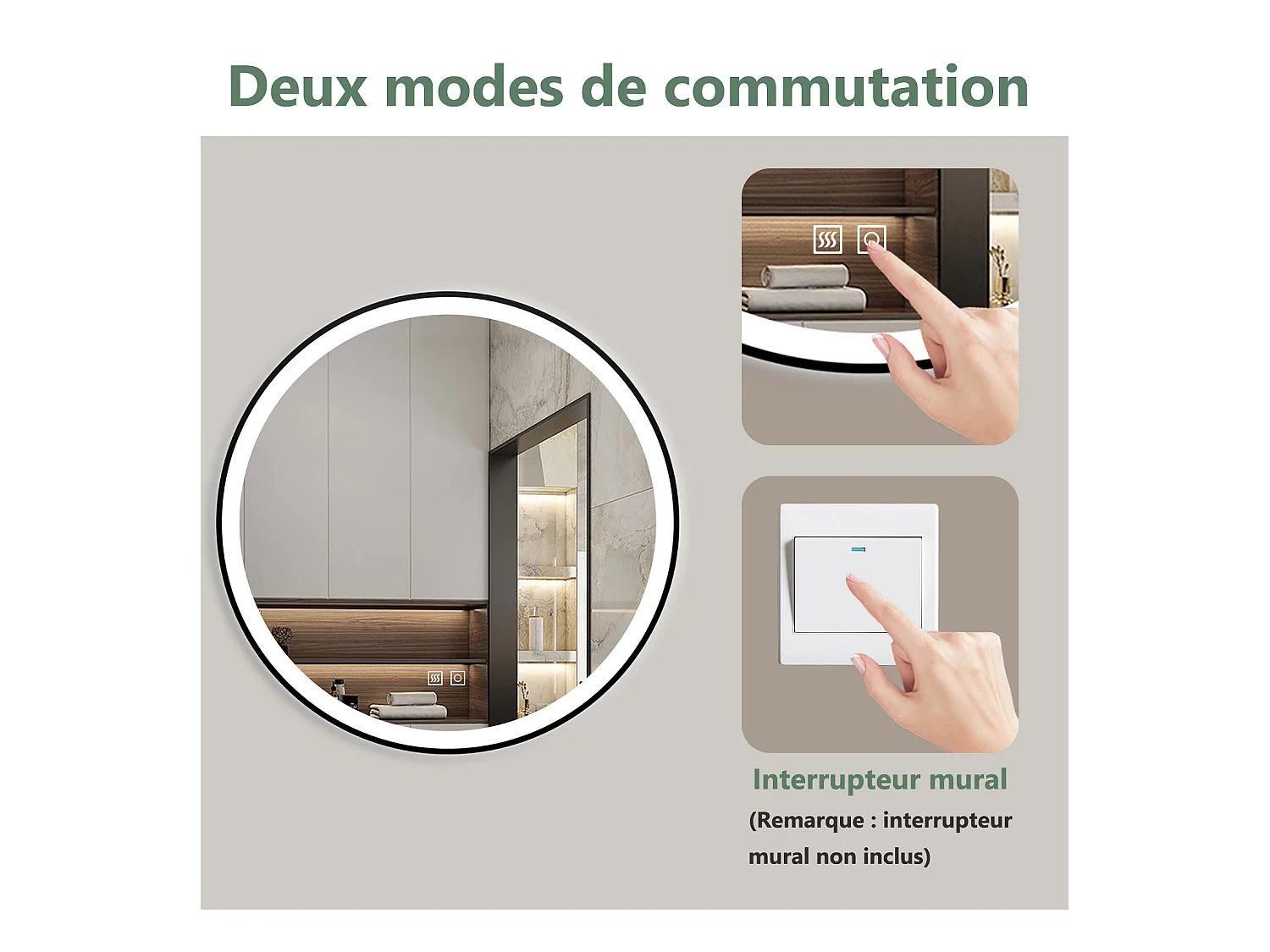 Miroir LED Rond 80cm avec Anti-buée + 3 Couleurs + Dimmable, Mural Miroir salle de bain Rond