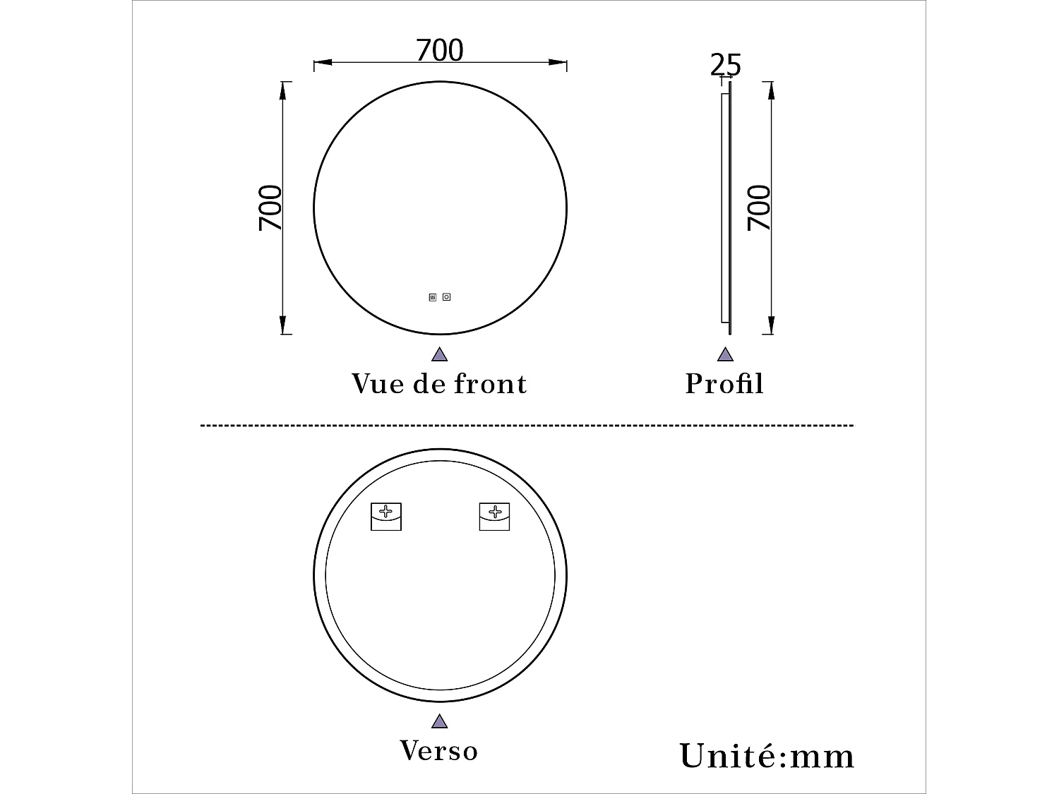 Miroir LED Rond 70cm avec Anti-buée + 3 Couleurs + Dimmable, Mural Miroir salle de bain