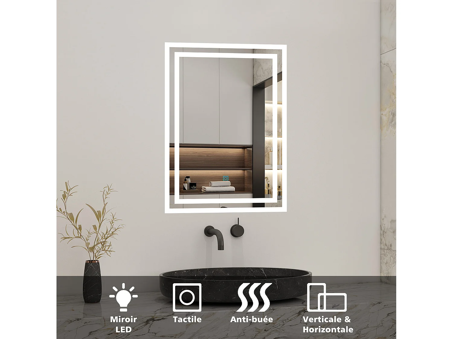 AICA Miroir LED 70x50cm avec éclairage intégré, Miroir de salle de bain avec anti-buée, Modèle double contour