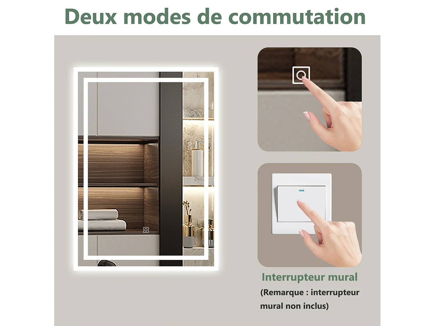 AICA Miroir LED 70x50cm avec éclairage intégré, Miroir de salle de bain avec anti-buée, Modèle double contour