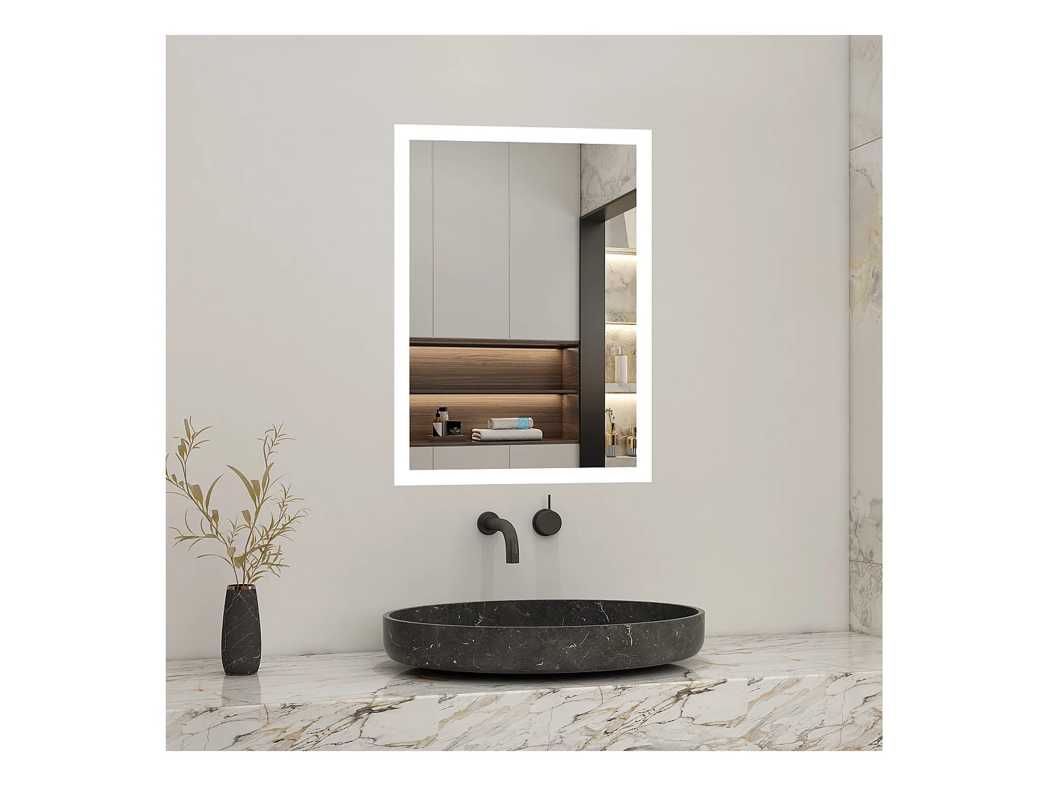 AICA Miroir LED 70x50cm avec éclairage intégré avec anti-buée, Modèle soleil