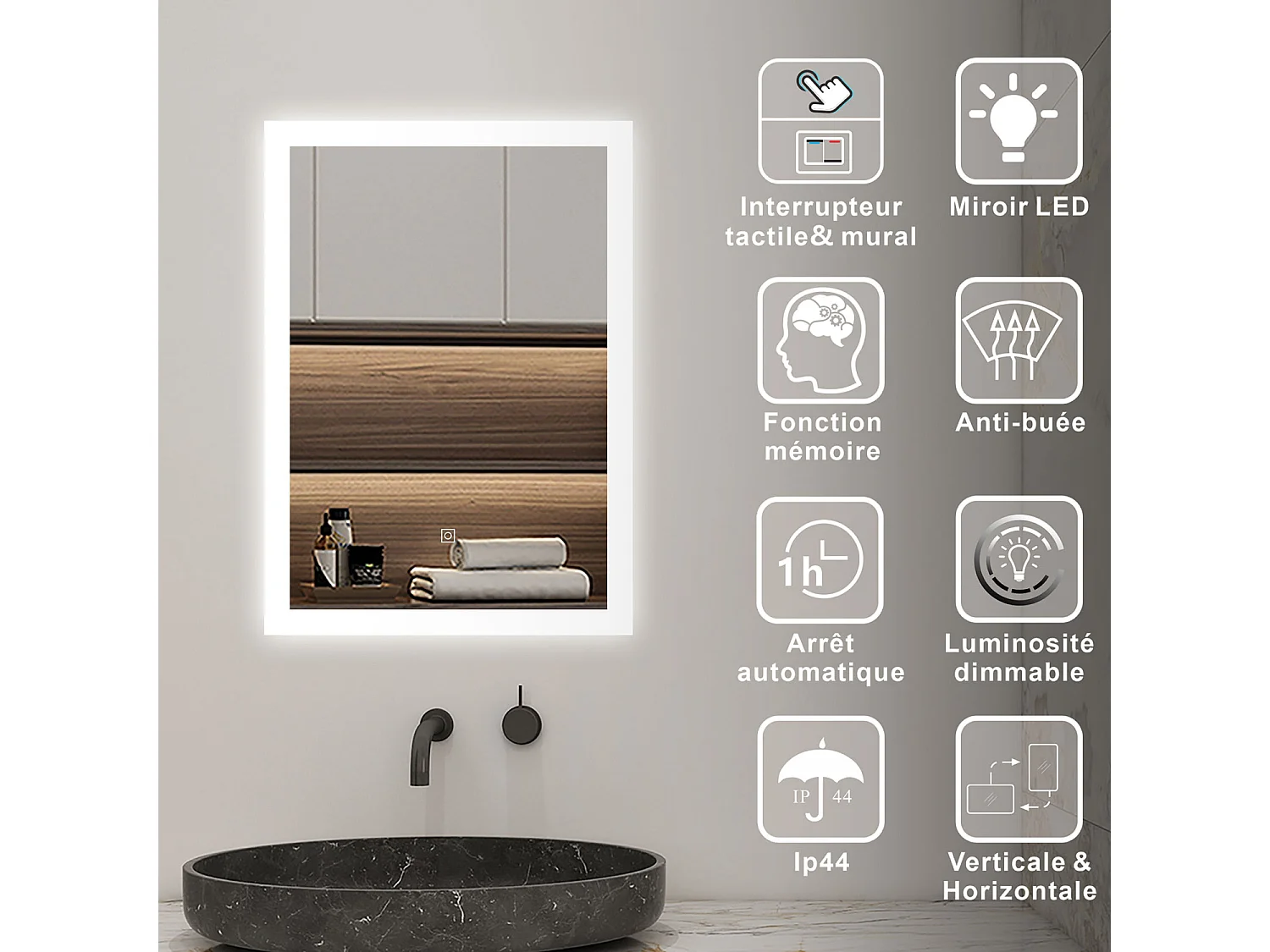 AICA Miroir LED 70x50cm avec éclairage intégré avec anti-buée, Modèle soleil