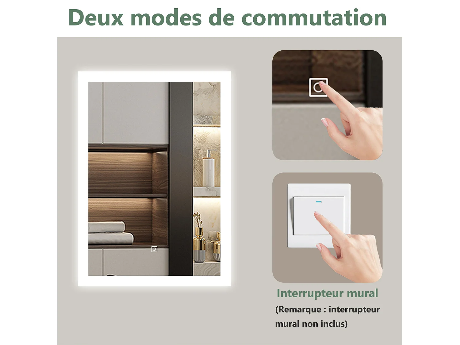 AICA Miroir LED 70x50cm avec éclairage intégré avec anti-buée, Modèle soleil