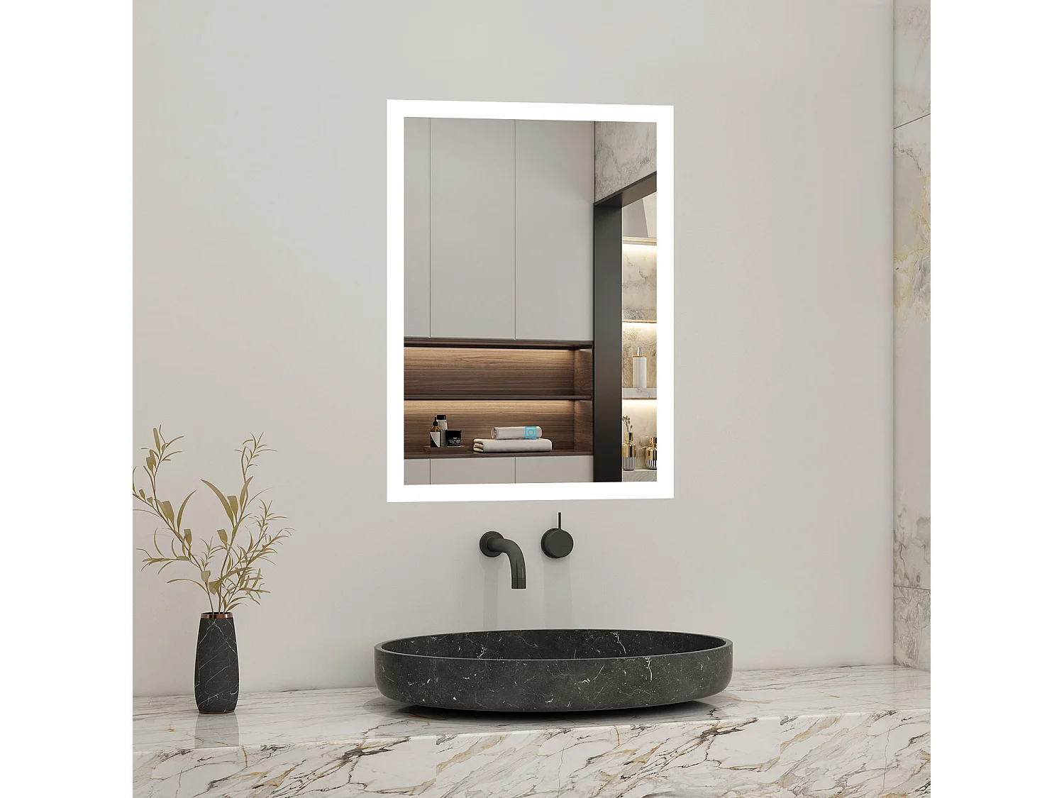 AICA Miroir LED 70x50cm avec éclairage intégré avec anti-buée, Modèle soleil