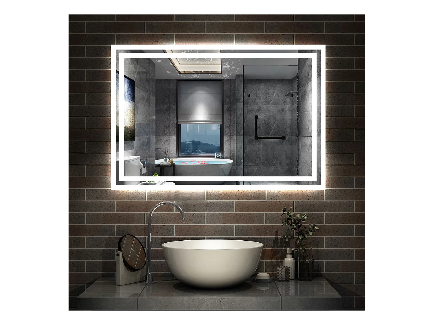 AICA Miroir LED 90x70cm avec éclairage intégré, Miroir de salle de bain avec anti-buée, Modèle double contour