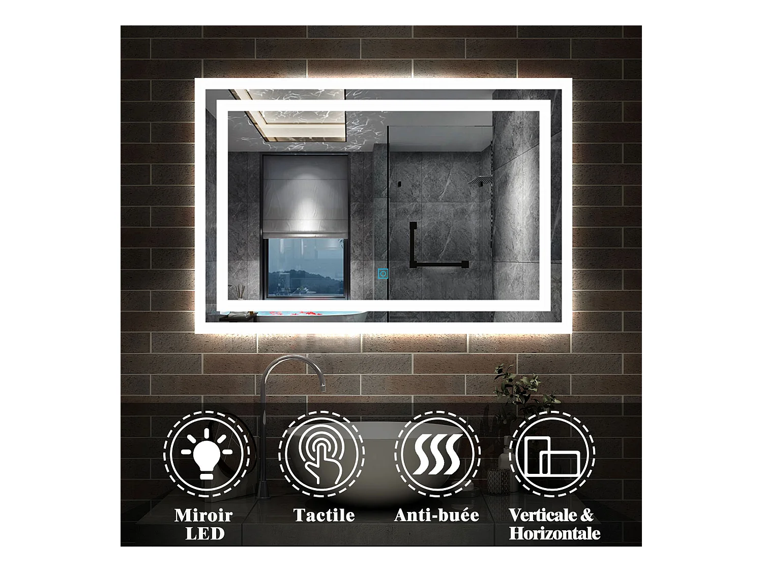 AICA Miroir LED 90x70cm avec éclairage intégré, Miroir de salle de bain avec anti-buée, Modèle double contour