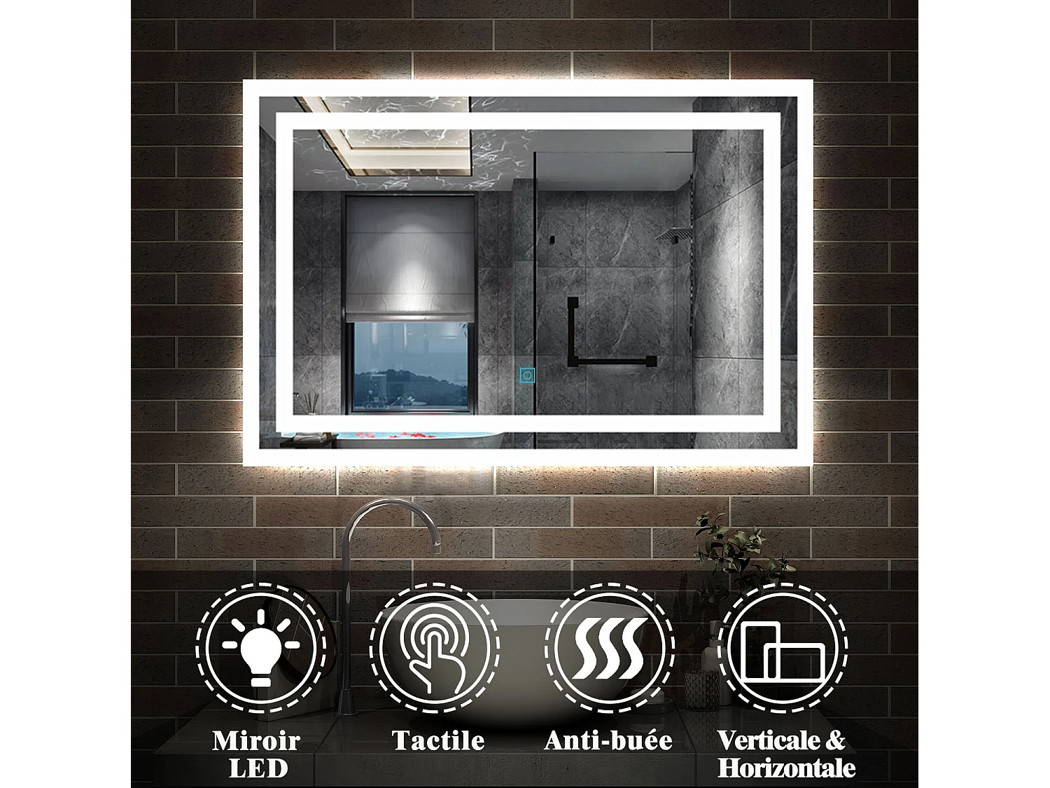 AICA Miroir LED 90x70cm avec éclairage intégré, Miroir de salle de bain avec anti-buée, Modèle double contour