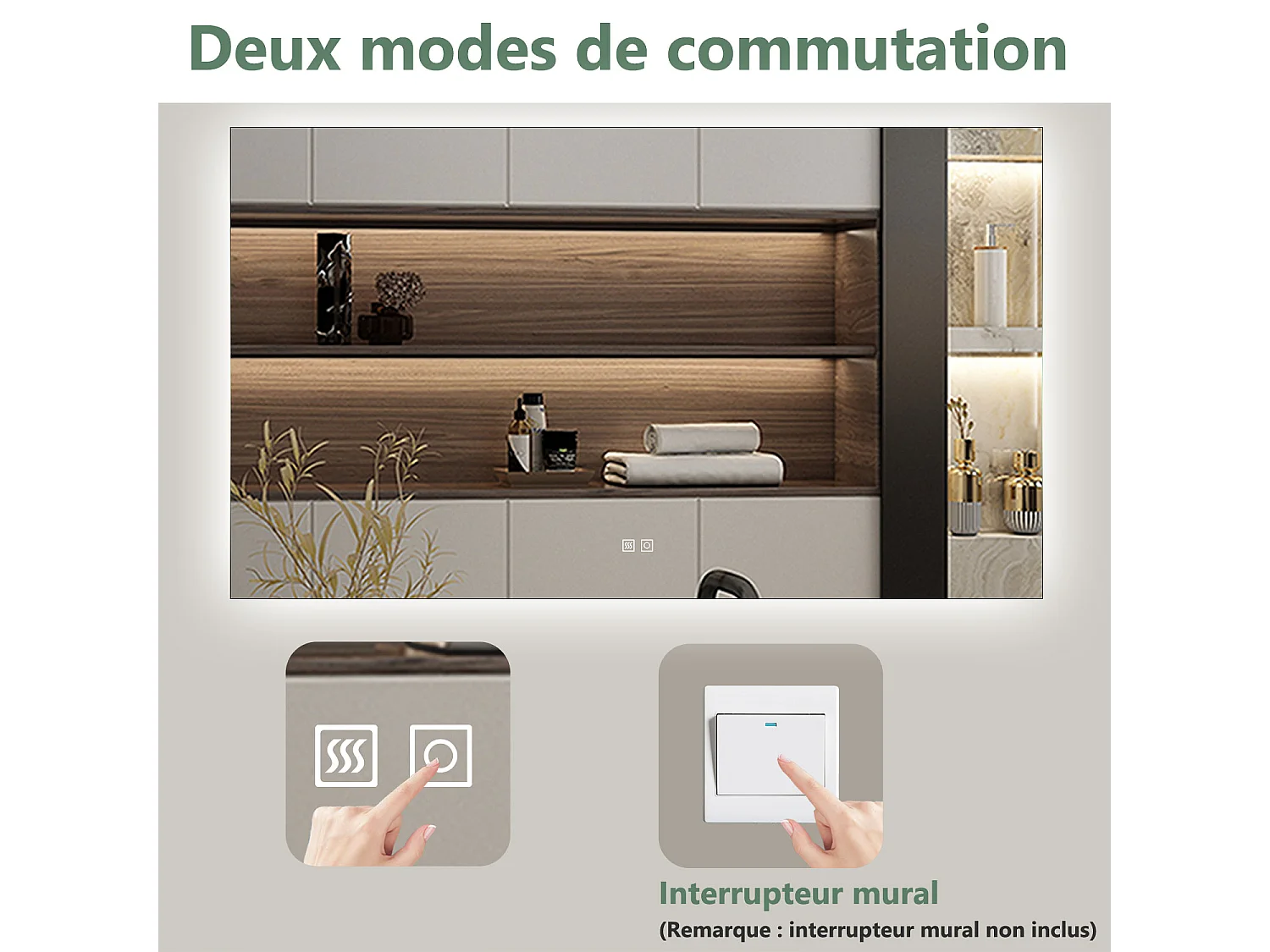 Miroir LED 80x60cm avec Anti-buée + 3 Couleurs + Dimmable, Mural Miroir salle de bain